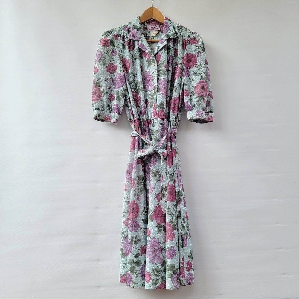 Vintage California Looks 70s Floral Shirt Dress Size Small Blue Pink House Dress